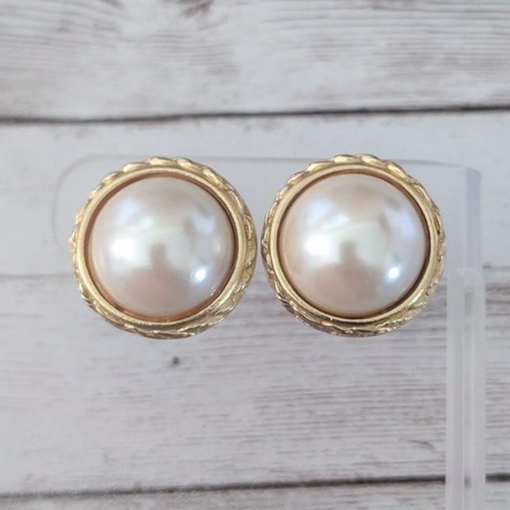 Vintage Gay Boyer Clip On Earrings Faux Pearl with Gold Tone Halo